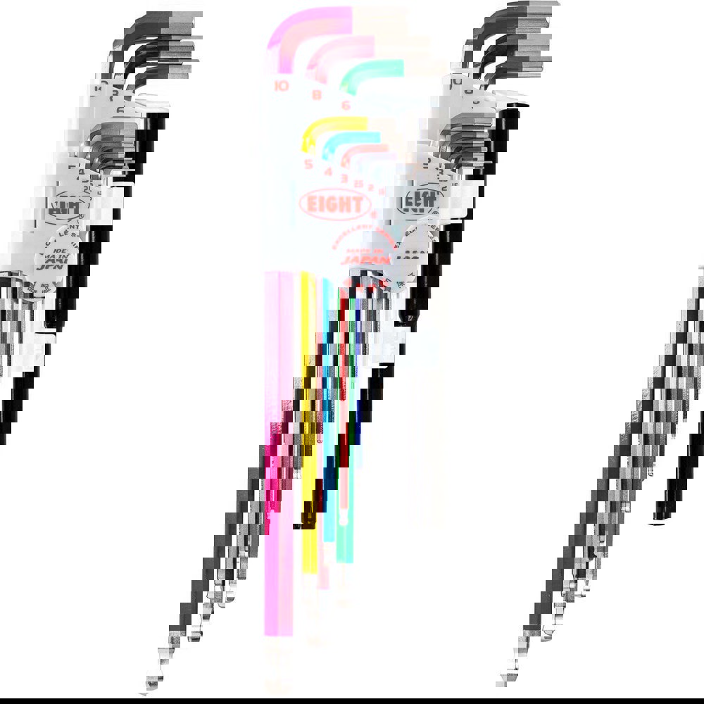 Hex Key Sets; Ball End: Yes ; Handle Type: Color Coded; L-Handle ; Measurement Type: Metric ; Hex Size: 1.5 mm, 2 mm, 2.5 mm, 3 mm, 4 mm, 5 mm, 6 mm, 8 mm, 10 mm ; Material: Steel ; Overall Length (mm): 235.0000